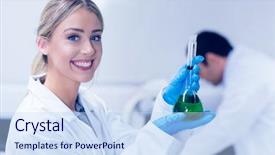  Presentation with university green - Beautiful PPT theme featuring science student holding green chemical in beaker at the university backdrop and a sky blue colored foreground