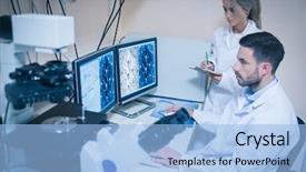  Presentation with students - Audience pleasing PPT theme consisting of science students looking at microscopic backdrop and a light blue colored foreground