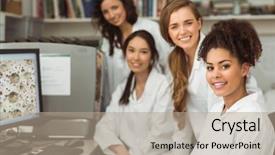  Presentation with computer science university - Presentation having science students smiling at camera background and a coral colored foreground