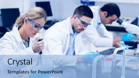  Presentation with chemicals - Colorful slide set enhanced with science students working with chemicals backdrop and a light blue colored foreground