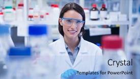  Presentation with lab safety - PPT theme featuring science tablets - smiling chemist wearing safety glasses background and a light blue colored foreground