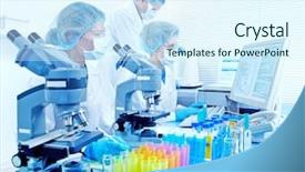 Presentation with research development - Colorful PPT theme enhanced with medical research development - science team working with microscopes backdrop and a cool aqua colored foreground