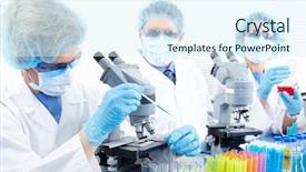  Presentation with laboratory - Colorful slide deck enhanced with science team working with microscopes backdrop and a  colored foreground