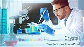  Presentation with pipette - Amazing presentation design having science-technician-using-a-pipette backdrop and a sky blue colored foreground