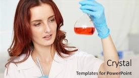  Presentation with lab - Slide deck having science white - young female lab technician works background and a  colored foreground