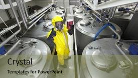  Presentation with process - Slide set having drug quality control - technician controlling industrial process background and a yellow colored foreground