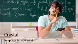  Presentation with young college student diagnosis of chlamydia - Presentation design consisting of scientific calculator - young male student mathematician background and a soft green colored foreground