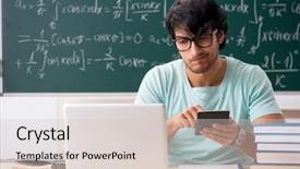  Presentation with student - Presentation theme consisting of scientific calculator - young male student mathematician background and a lemonade colored foreground