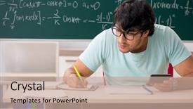  Presentation with student - Amazing PPT theme having scientific calculator - young male student mathematician backdrop and a coral colored foreground