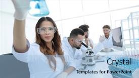  Presentation with laboratory - Slide deck enhanced with scientific creativity - group of creative scientists working background and a light blue colored foreground