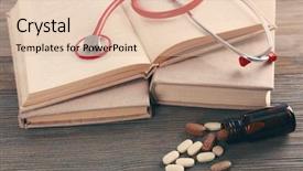  Presentation with pills - Slide deck having books pills and stethoscope on wooden table closeup background and a lemonade colored foreground