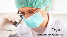  Presentation with scientific - Presentation theme with scientific researcher using a microscope in a laboratory background and a light gray colored foreground