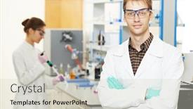  Presentation with scientific - Presentation consisting of scientific-researchers-making-experiment background and a light gray colored foreground