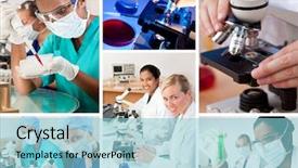  Presentation with scientific - Cool new PPT layouts with scientific researchers using microscopes work backdrop and a light blue colored foreground