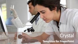  Presentation with microscope - Audience pleasing PPT theme consisting of scientific study - young woman looking through microscope backdrop and a coral colored foreground