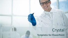  Presentation with scientist - Slide set featuring science abstract - successful scientist writes a formula background and a lemonade colored foreground