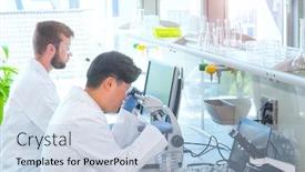  Presentation with chemistry teaching - Beautiful presentation featuring scientist-and-students-working backdrop and a light blue colored foreground