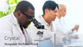  Presentation with chemistry teaching - Slides consisting of scientist-and-students-working background and a light gray colored foreground