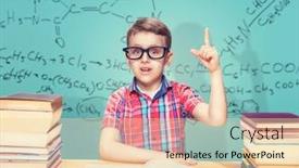  Presentation with knowledge - Slide deck with scientist boy gets knowledge in the school library background and a lemonade colored foreground