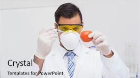  Presentation with injection - Colorful presentation theme enhanced with scientist doing injection to tomato in the laboratory backdrop and a sky blue colored foreground
