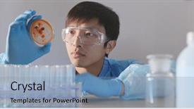  Presentation with petri dish colonies - Presentation theme featuring scientist doing research on bacterial background and a teal colored foreground