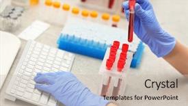  Presentation with sample - Slide deck featuring scientist entering data of blood background and a soft green colored foreground