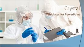  Presentation with medical vaccine - PPT theme with scientist-examine-vaccine-testing background and a sky blue colored foreground