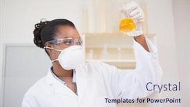  Presentation with fluid - Presentation design enhanced with scientist examining petri dish with orange fluid inside in laboratory background and a sky blue colored foreground