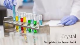  Presentation with tubes - Beautiful slide deck featuring precipitation - scientist examining tubes backdrop and a light gray colored foreground