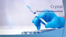  Presentation with covid vaccine - Audience pleasing slide set consisting of scientist-hand-in-blue-gloves backdrop and a sky blue colored foreground