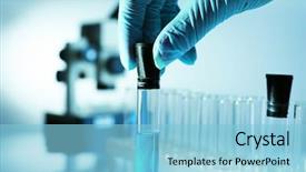  Presentation with test tube laboratory - PPT theme with scientist hand in laboratory background and a light blue colored foreground