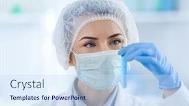  Presentation with test tube laboratory - PPT layouts enhanced with chemistry pharmacy background - scientist holding test tube background and a sky blue colored foreground