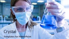  Presentation with chemical - Beautiful slides featuring scientist holding up beaker of chemical at the university backdrop and a light blue colored foreground