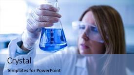  Presentation with chemical - Beautiful slides featuring scientist holding up beaker of chemical at the university backdrop and a light blue colored foreground