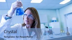  Presentation with chemical - Cool new theme with scientist holding up beaker of chemical at the university backdrop and a light blue colored foreground