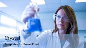  Presentation with chemical - Colorful presentation design enhanced with scientist holding up beaker of chemical at the university backdrop and a light blue colored foreground