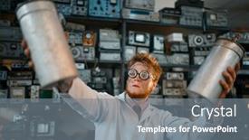  Presentation with radiation - Theme with scientist holds radiation devices in his hands background and a gray colored foreground
