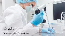  Presentation with pipette - Cool new presentation design with biotechnology - scientist in lab conducting biotechnological backdrop and a light gray colored foreground