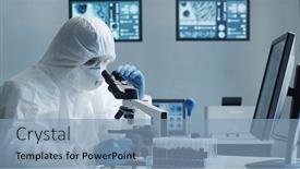  Presentation with lab test - Beautiful PPT theme featuring scientist-in-protection-suit backdrop and a light blue colored foreground