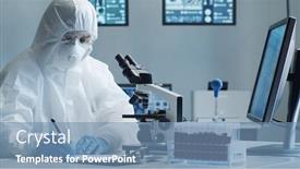  Presentation with lab test - PPT theme having scientist-in-protection-suit background and a teal colored foreground