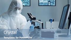  Presentation with 2019 - Beautiful PPT theme featuring scientist-in-protection-suit backdrop and a teal colored foreground