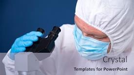  Presentation with vaccine development - Slide deck with scientist-looking-through-a-microscope background and a light blue colored foreground