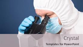  Presentation with vaccine development - Audience pleasing presentation theme consisting of scientist-looking-through-a-microscope backdrop and a light gray colored foreground