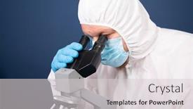  Presentation with vaccine development - Presentation design consisting of scientist-looking-through-a-microscope background and a light gray colored foreground