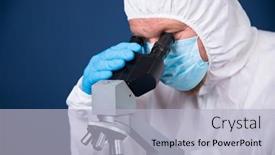  Presentation with vaccine development - Slide set consisting of scientist-looking-through-a-microscope background and a light gray colored foreground