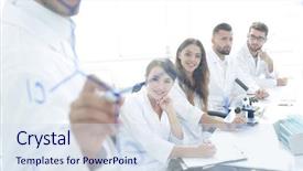  Presentation with academic - Beautiful theme featuring scientist makes a report backdrop and a sky blue colored foreground