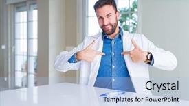  Presentation with personal protective equipment safety glasses - Theme with scientist man wearing white robe background and a light blue colored foreground