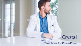  Presentation with personal protective equipment safety glasses - Audience pleasing presentation theme consisting of scientist man wearing white robe backdrop and a sky blue colored foreground