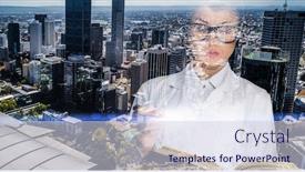  Presentation with scientist - Colorful PPT theme enhanced with scientist-on-city-background-mixed backdrop and a sky blue colored foreground