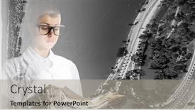  Presentation with scientist - Amazing PPT theme having scientist-on-city-background-mixed backdrop and a light gray colored foreground